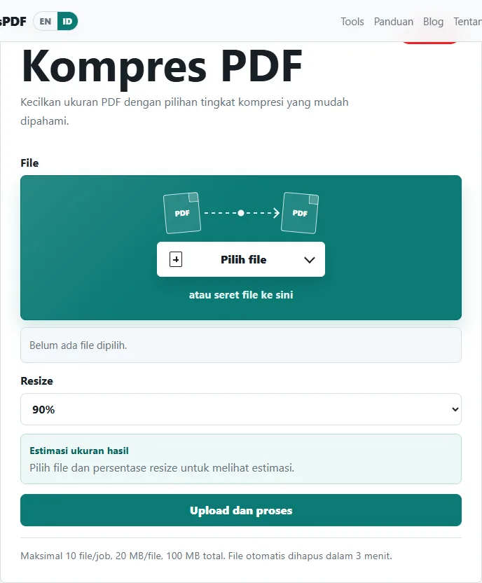 Halaman Compress PDF di BeresPDF sebelum memilih file