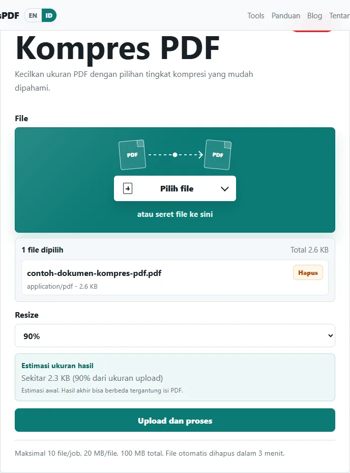 File PDF sudah dipilih sebelum dikompres di BeresPDF